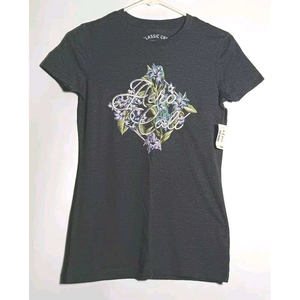 Aeropostale Womens Size Medium Dark Gray Floral Classic Crew T Shirt NWT